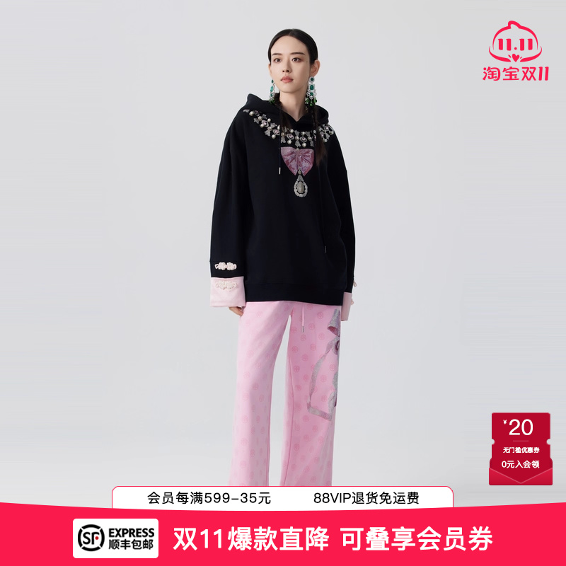 烫钻蝴蝶结国风连帽卫衣女