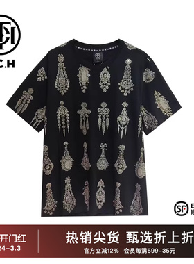 TCH2025夏季烫钻华丽耳钉满钻黑色T恤T72B10E6058