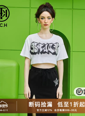 TCH潮牌轻奢短袖T恤烫钻字母短款秋夏新款T69B106012