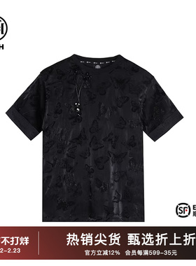 TCH潮牌2025新中式系列秋夏烫钻时尚蕾丝黑色T恤T72B10E6048