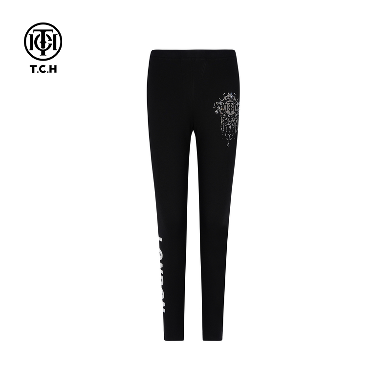 TCH烫钻时尚休闲设计感打底裤女2025秋季新款修身显瘦T75C23B1002