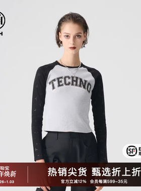 TCH潮牌系列长袖T恤2025秋季新款短款拼接时尚内搭T72A086009