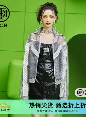 TCH潮牌拉链衫老花网纱2026春秋新款男女灰色外套T69A276001