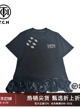TCH潮牌重工烫钻T恤短袖女款黑色花边2025新中式T72B10E9052