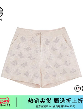 TCH潮牌2025新中式秋夏潮流烫钻系列粉色提花短裤T72B21E9002