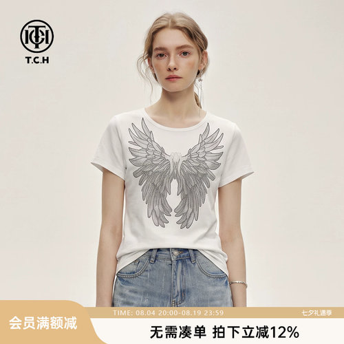 TCH2026夏季女装T恤烫钻翅膀圆领修身短袖上衣T78C10E1008