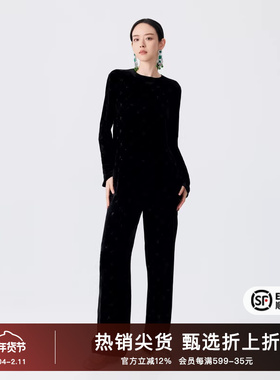 TCH24春秋新款满钻黑色丝绒复古长袖T恤女时尚百搭显瘦打底衫潮