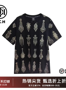 TCH2025夏季烫钻华丽耳钉满钻黑色T恤T72B10E6058