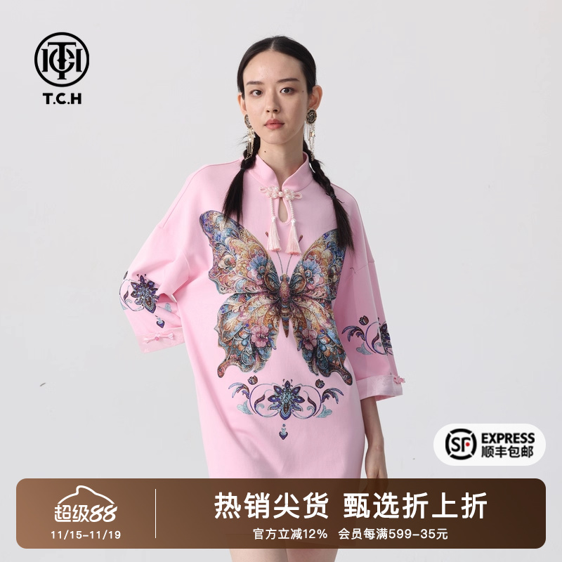 时尚重工蝴蝶烫钻新中式连衣裙