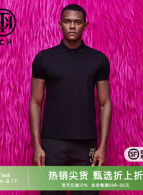 TCH潮牌POLO衫烫钻字母2025秋夏新款男女黑色T恤T69B106011