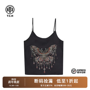 TCH潮牌2025新中式 系列轻奢烫钻蝴蝶黑色吊带背心T72A14E9008