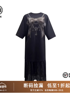 TCH潮牌轻奢时尚烫钻项链蝴蝶结蕾丝灰色连衣裙T75B30E1008