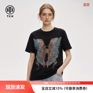 TCH潮牌烫钻翅膀短袖T恤女夏季宽松圆领重工百搭上衣T78A10B9103