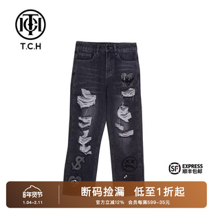 TCH潮牌轻奢大C长裤烫钻破洞牛仔裤商场同款T213203009