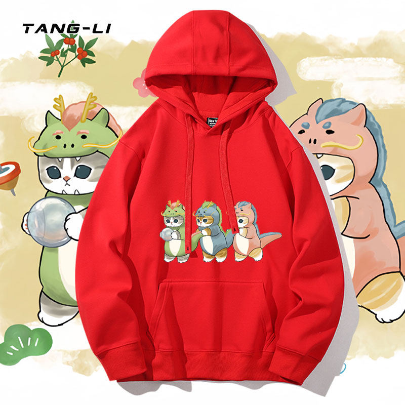 日系猫咪Q版龙年卡通男女情侣装重磅连帽卫衣春秋季薄款休闲帽衫