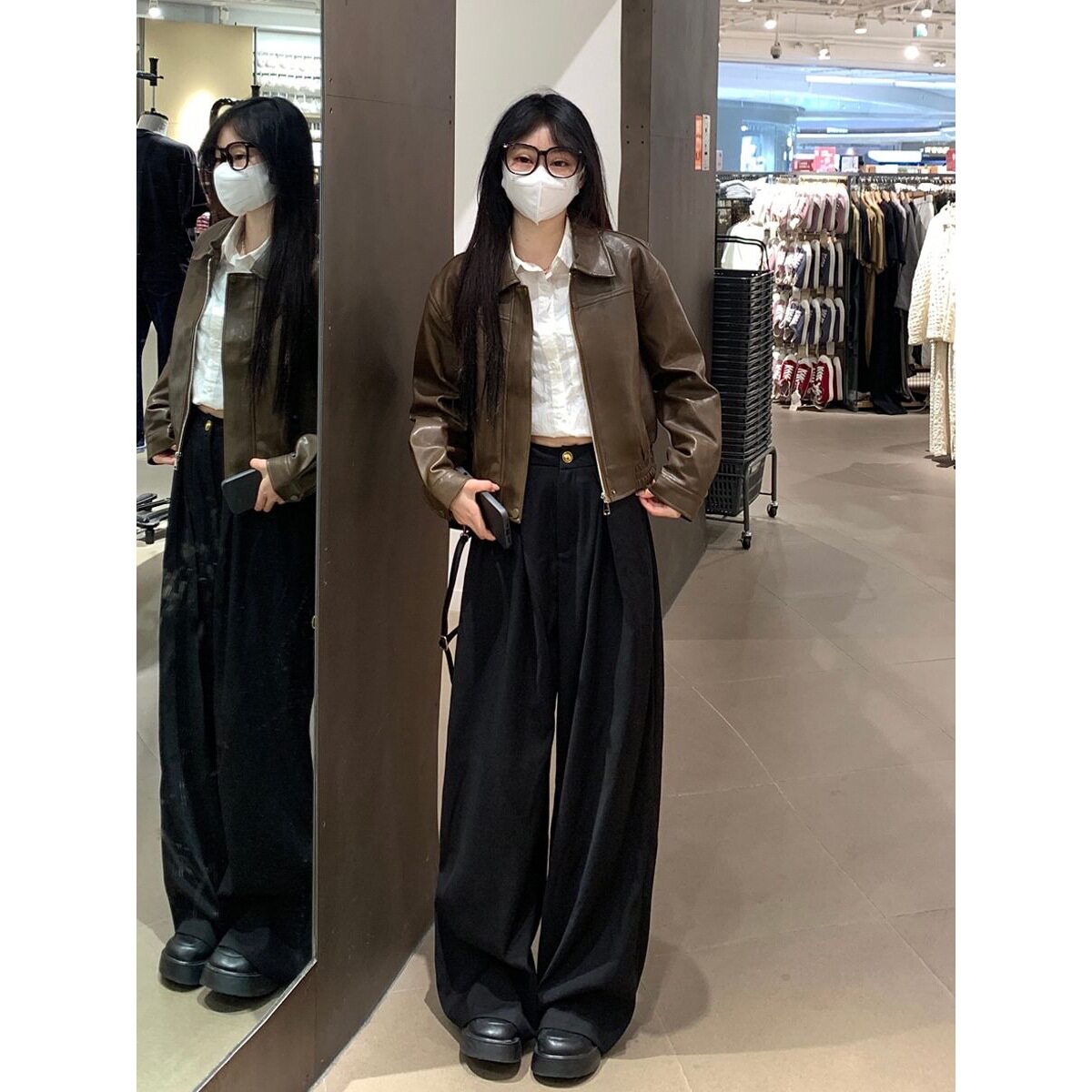 美式棕色皮衣外套女短款