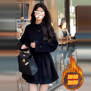 小个子香风黑色短款毛呢外套女2026秋冬季新款韩系气质呢子厚大衣