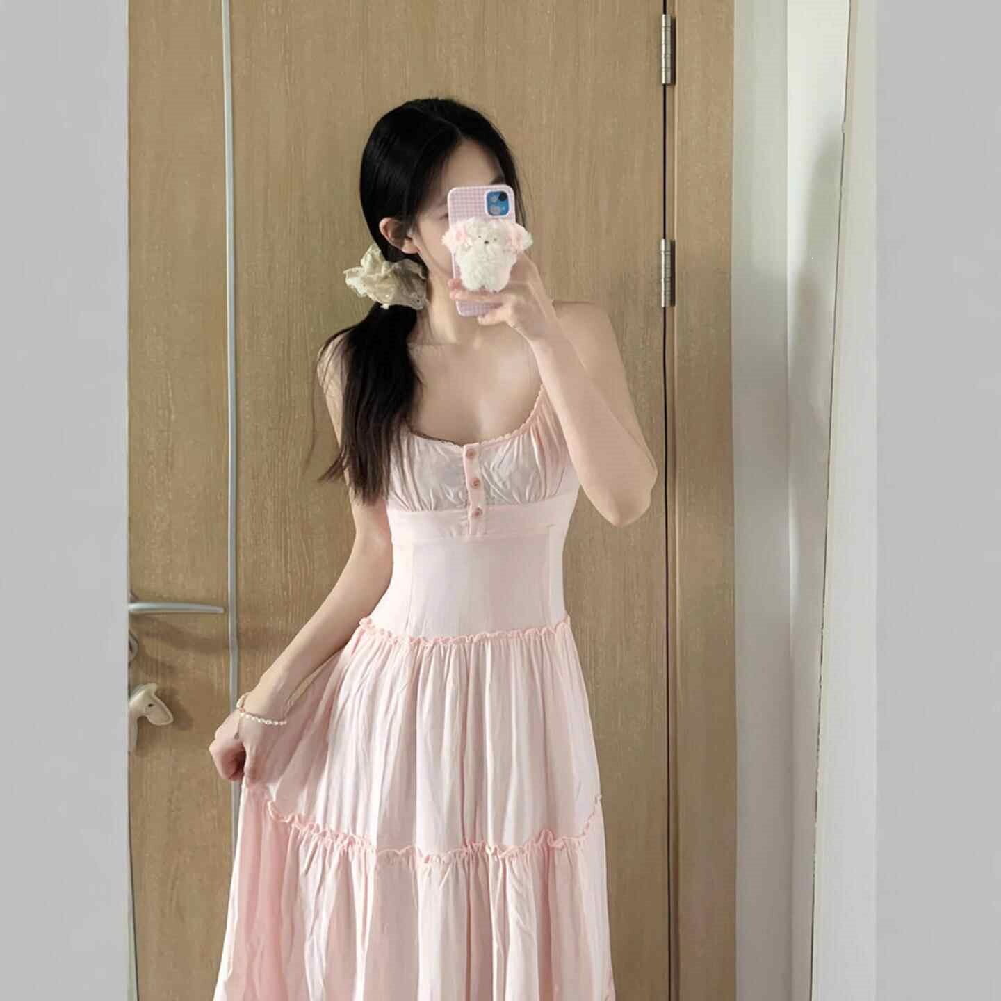 美式粉色长款连衣裙女夏
