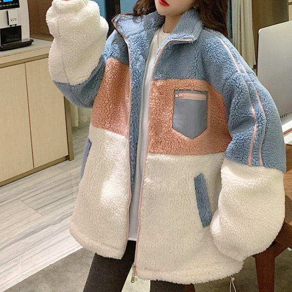 拼色羊羔毛外套女2024冬