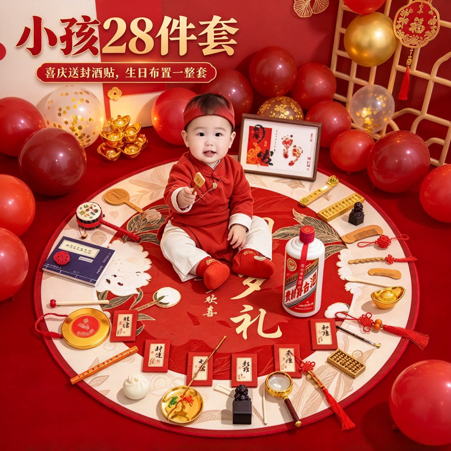 一周岁抓周用品道具套装小孩28件套喜庆送封酒贴生日布置一整套