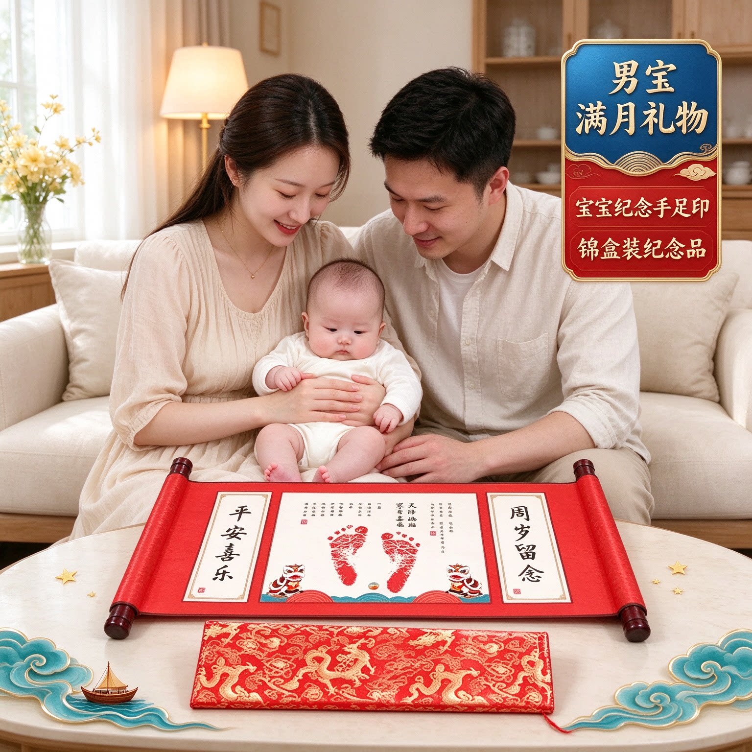 男宝满月礼物宝宝纪念手足印锦盒装纪念品岁岁平安吉祥如意珍藏款