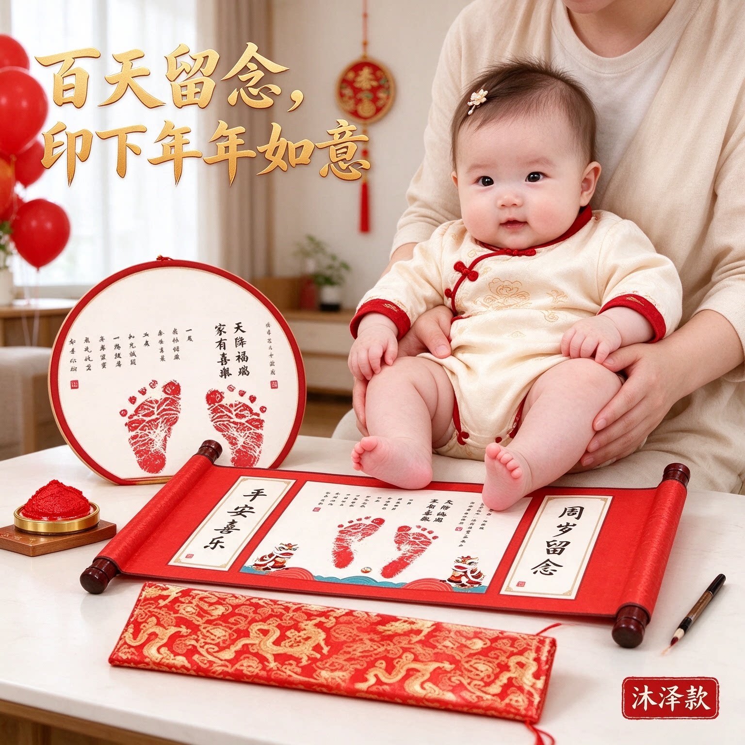 套装百天礼物手足印纪念品纪念字画亲笔题写小手小脚年年如意吉祥