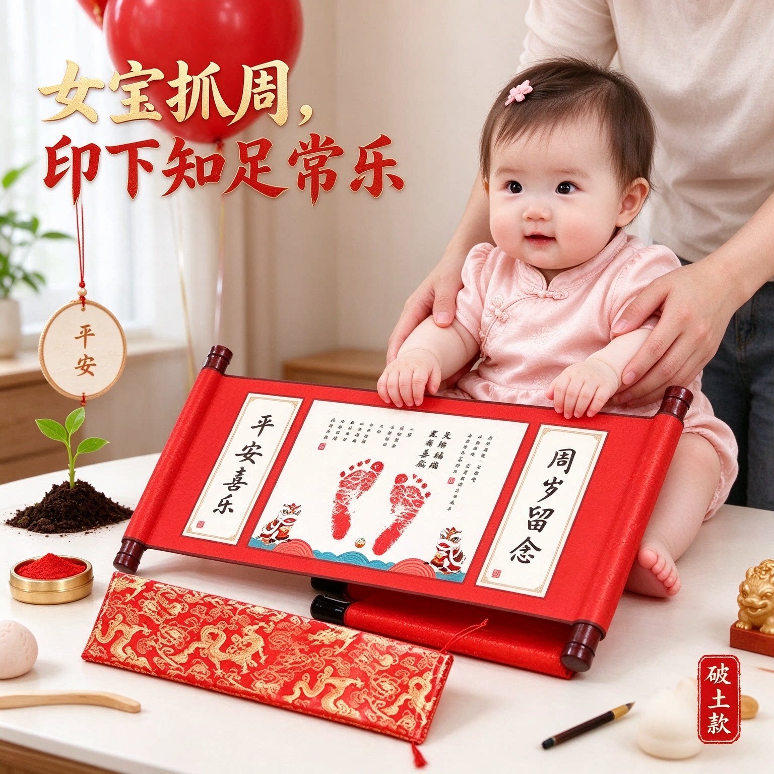 周岁脚印手印纪念品喜乐安康加长款宝宝宴留念字画健康快乐仪式感