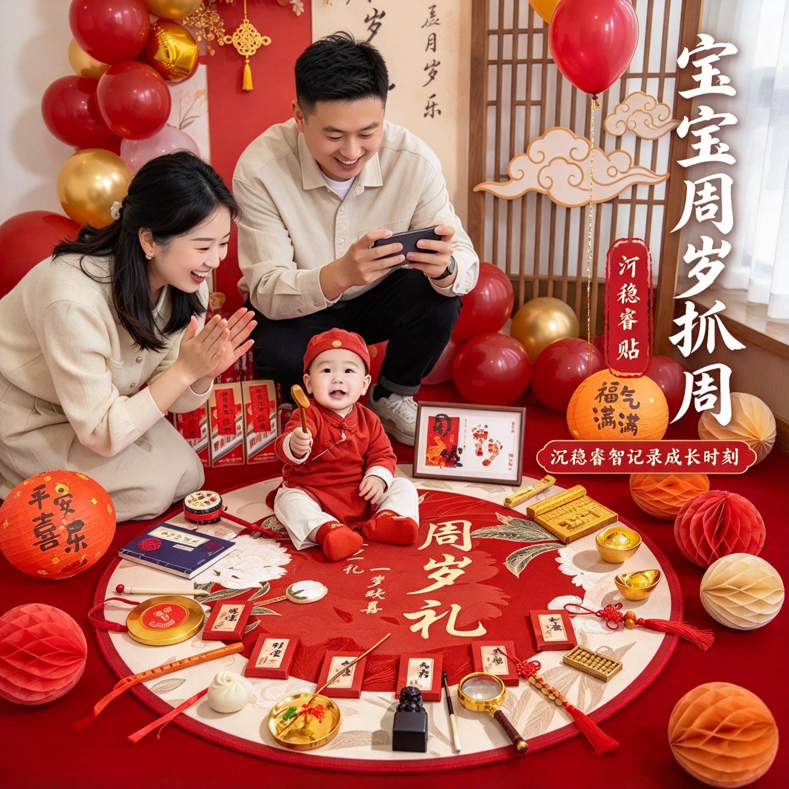 婴儿抓周用品套装男宝18件套2026新款送封酒贴一周岁布置一整套