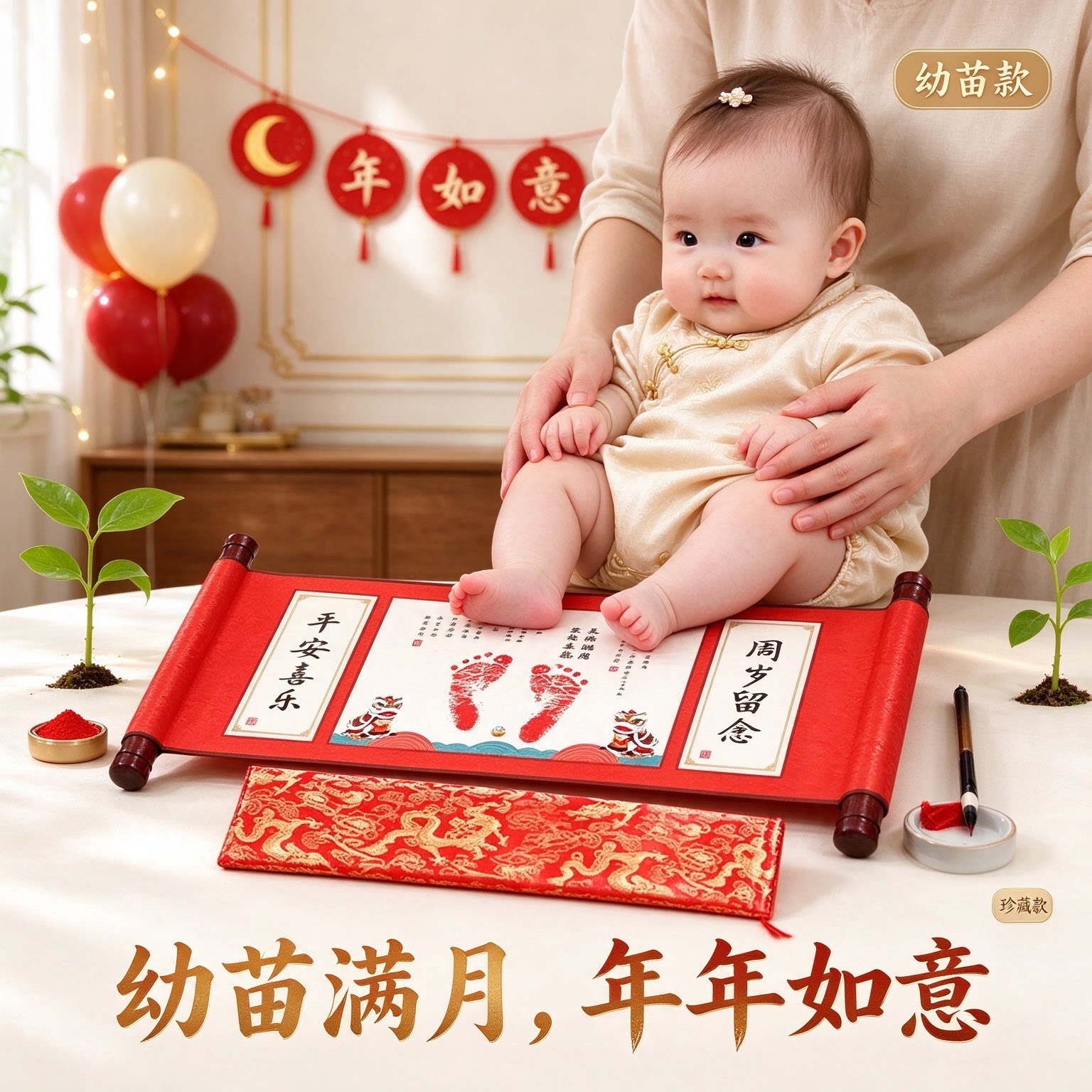 满月脚印留念字画印泥写字笔满月酒纪念品茁壮成长年年如意珍藏款