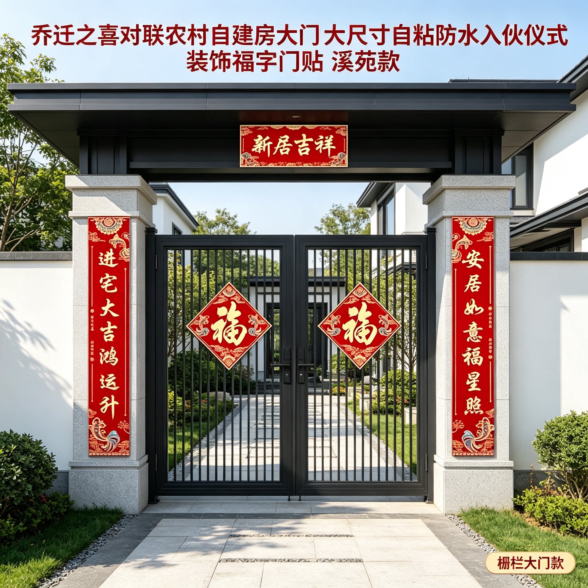 乔迁之喜对联农村自建房大门大尺寸自粘防水入伙仪式装饰福字门贴