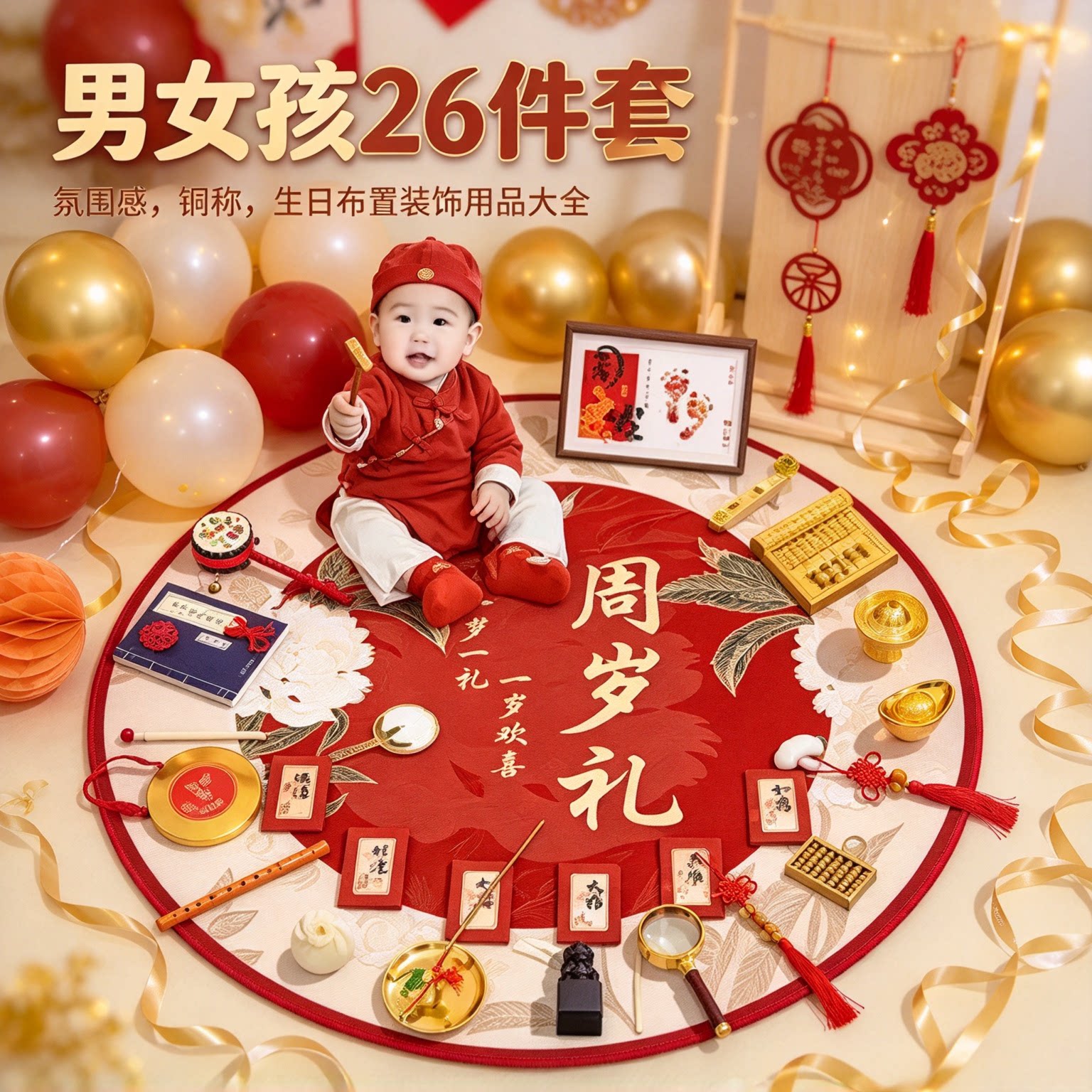 周岁礼抓周道具全套男女孩26件套氛围感铜称生日布置装饰用品大全