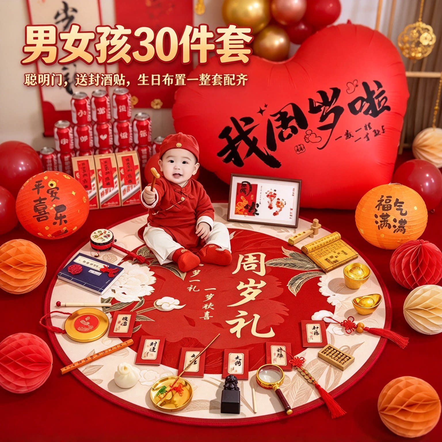 抓周用品一周岁道具男女孩30件套聪明门送封酒贴生日布置一整套