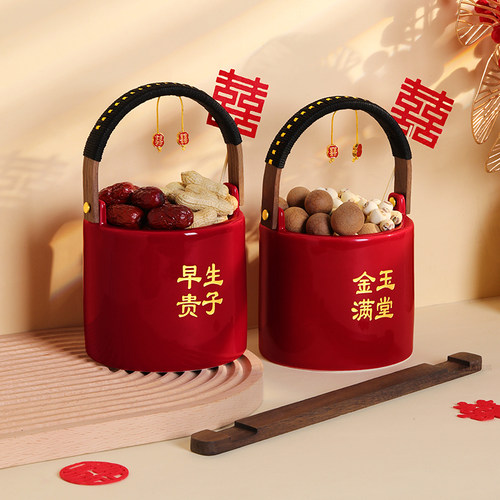 结婚子孙桶一对女方陪嫁妆用品大全娘家婚庆红色喜桶宝桶装饰摆件