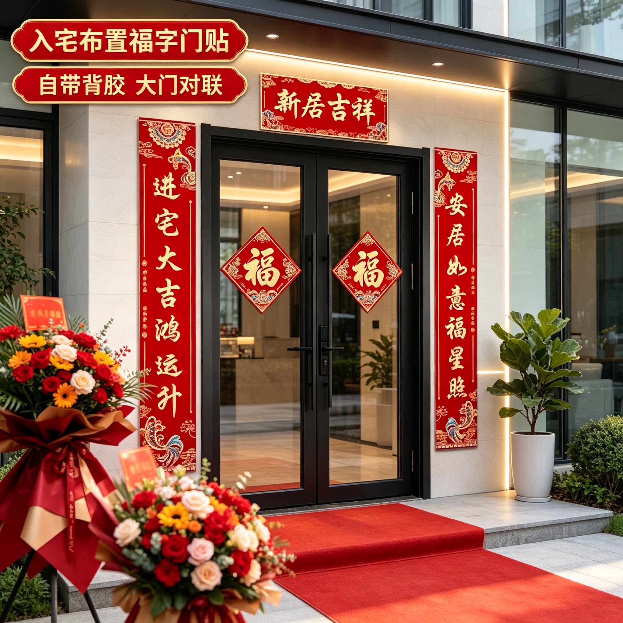 大门对联门口2026新款自带背胶新居搬家入宅布置装饰福字门贴