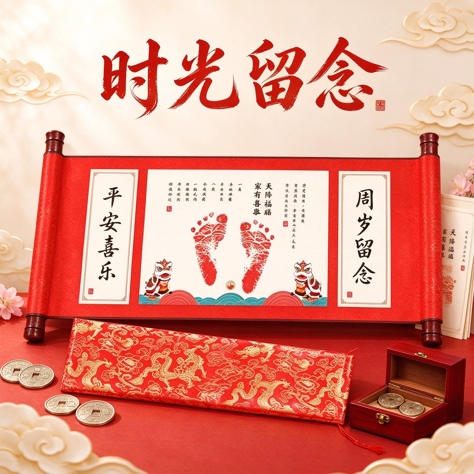 小孩婴儿脚印手印纪念品健康快乐年年如意童趣满满岁岁平安伴成长