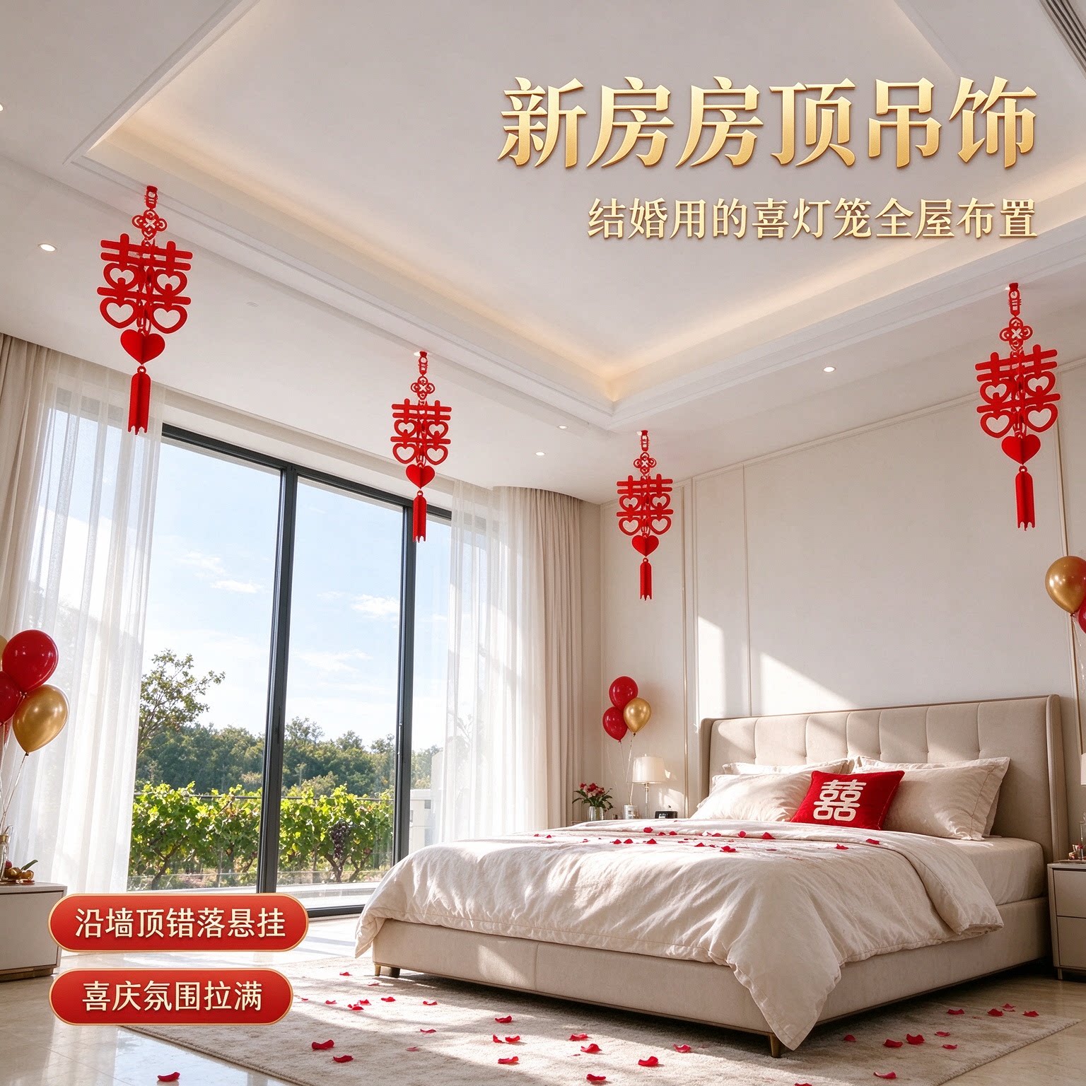 结婚用的喜灯笼屋顶吊饰婚房顶部客厅吊顶装饰全屋布置男方女方