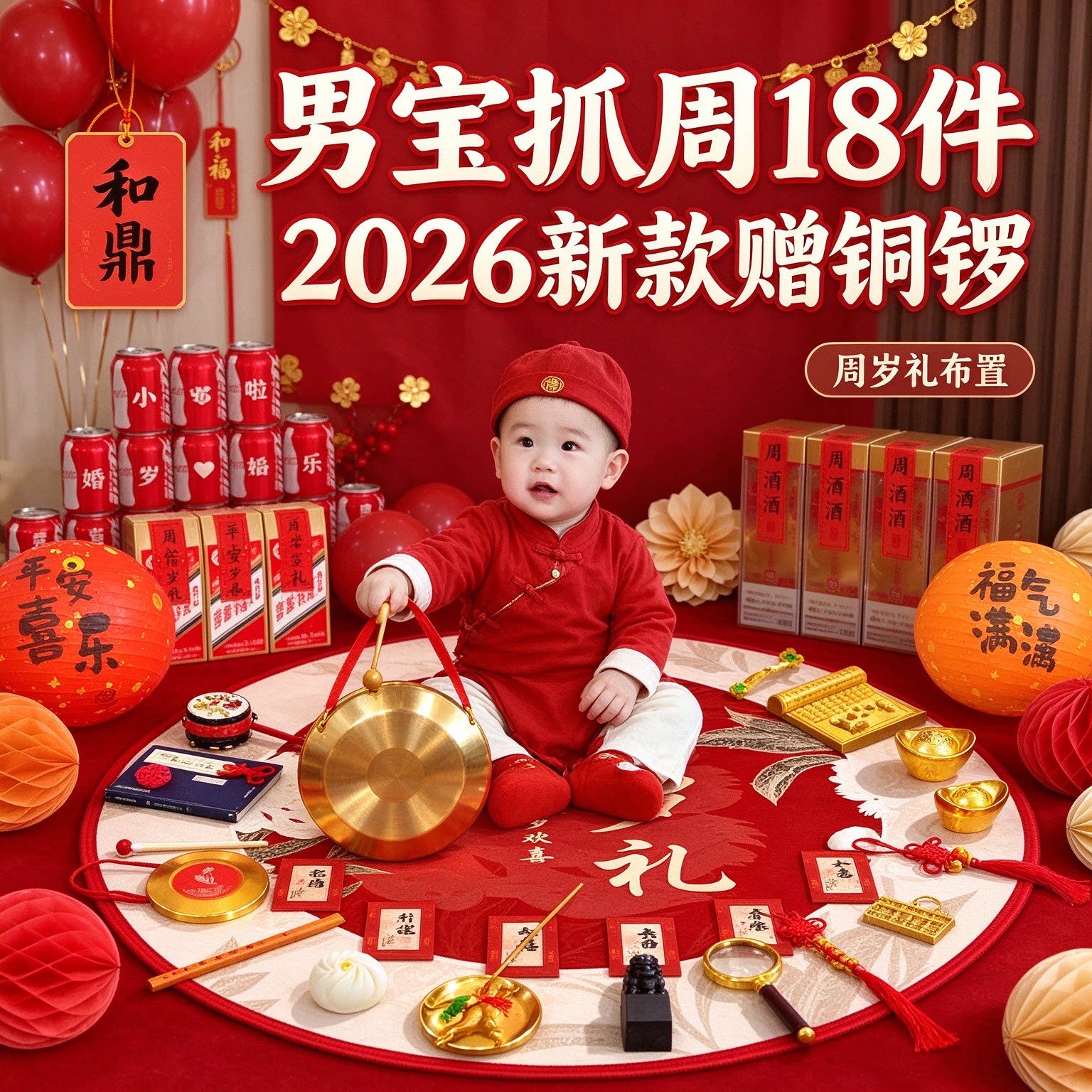 抓周道具套装男宝18件套2026新款赠铜锣周岁礼布置装饰用品大全