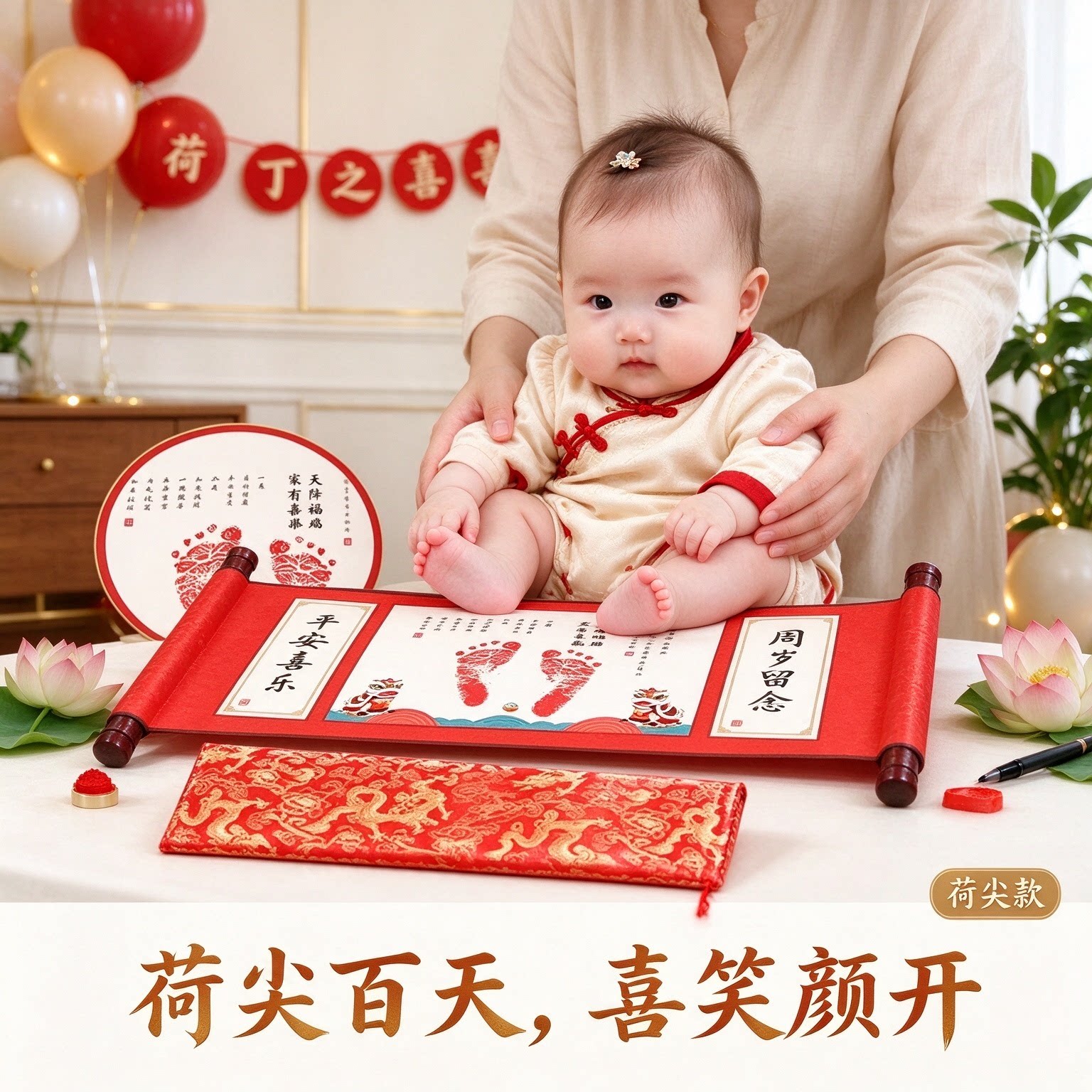 百天脚印纪念宝宝留念字画喜笑颜开满满仪式小手小脚添丁之喜平安