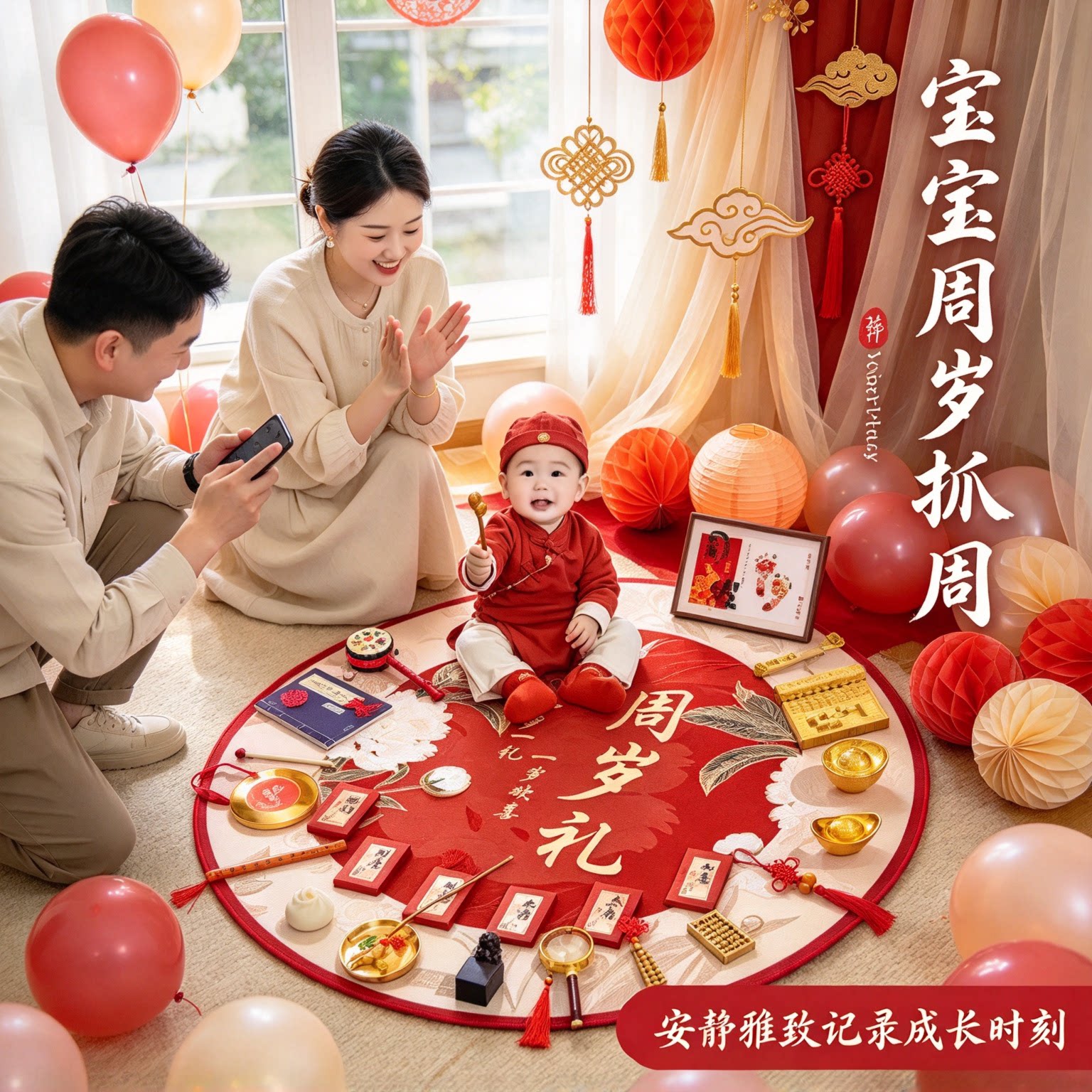 婴儿抓周用品套装男女孩26件套仪式感送封酒贴一周岁布置一整套