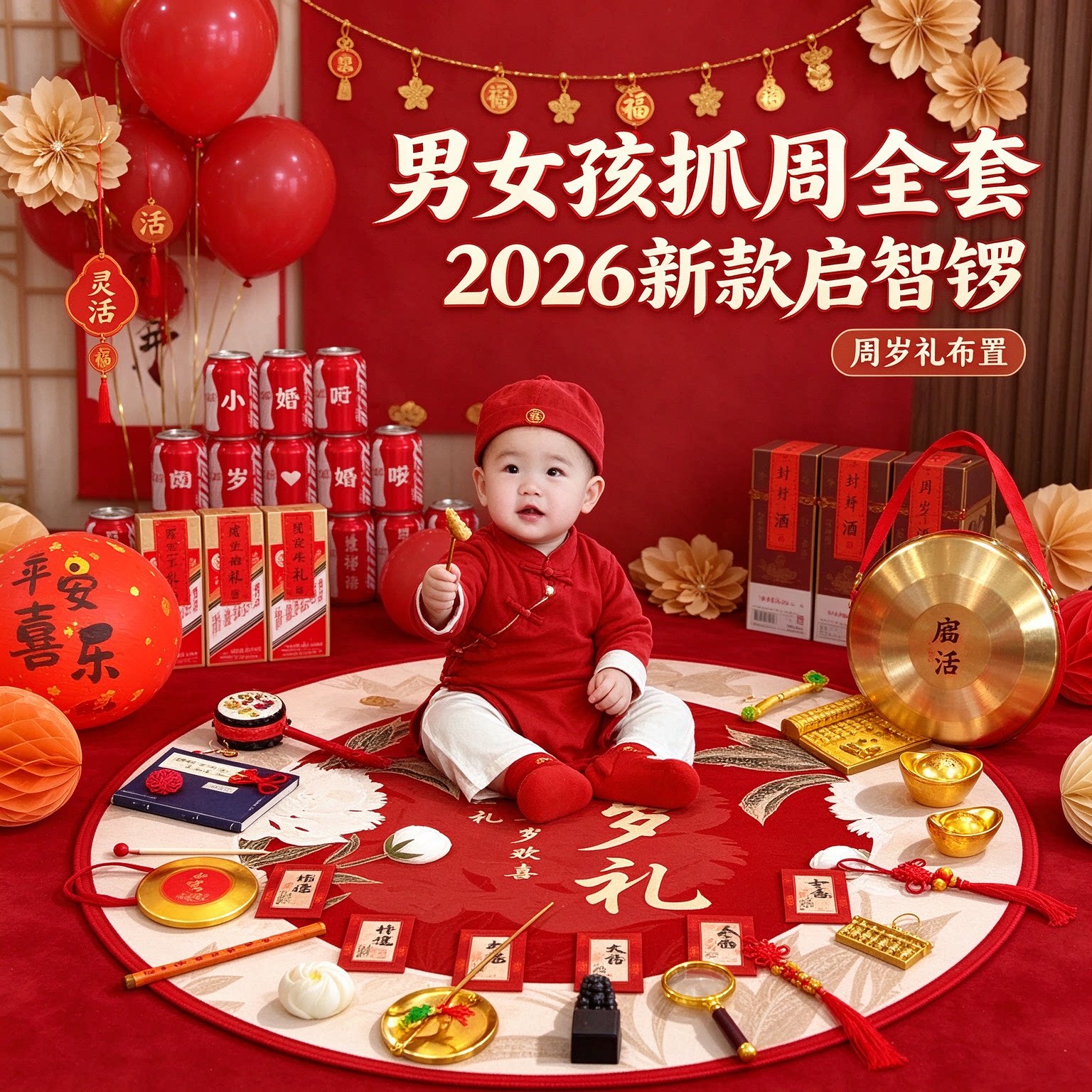 婴儿抓周道具男女孩全套2026新款启智锣周岁礼布置装饰用品大全
