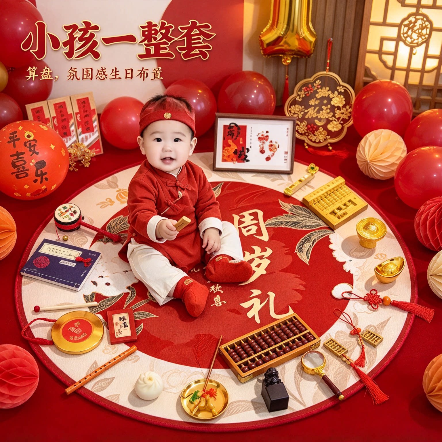 抓周道具摆件一周岁小孩一整套氛围感算盘生日布置装饰用品大全