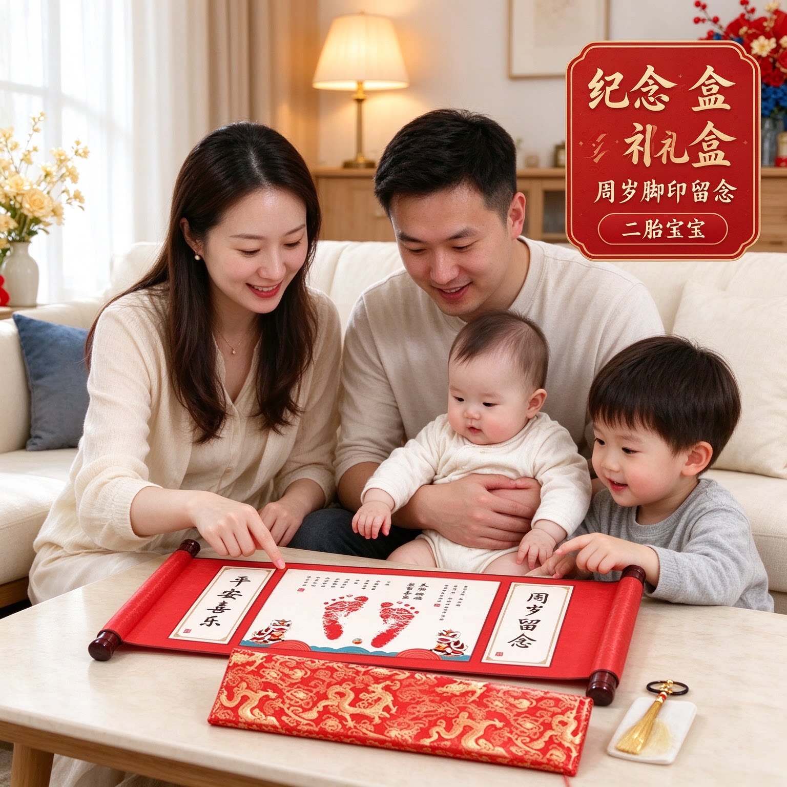 纪念礼盒周岁脚印留念卷轴挂画二胎宝宝添丁之喜一岁一礼满满仪式