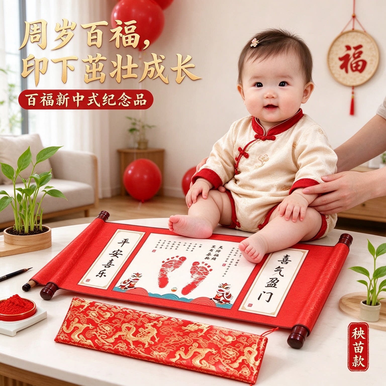 一周岁宝宝脚印画百福新中式纪念品茁壮成长喜气盈门软萌可爱如意