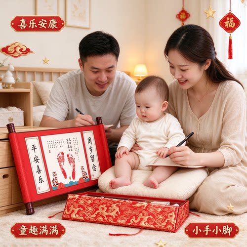 纪念礼盒宝宝手足印卷轴挂画年年如意喜乐安康童趣满满小手小脚