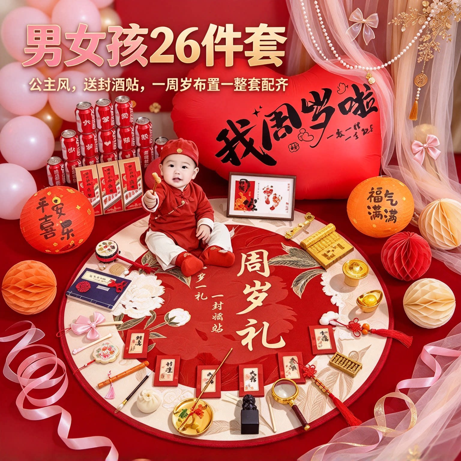 婴儿抓周用品套装男女孩26件套公主风送封酒贴一周岁布置一整套