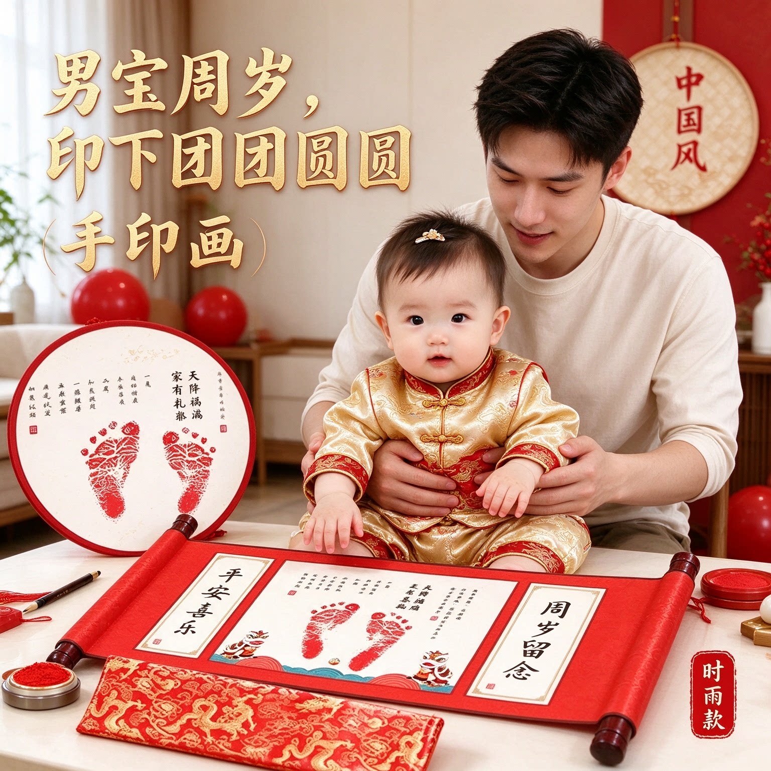 男宝周岁礼物手印画成长纪念套装福气满满时光留念团团圆圆中国风