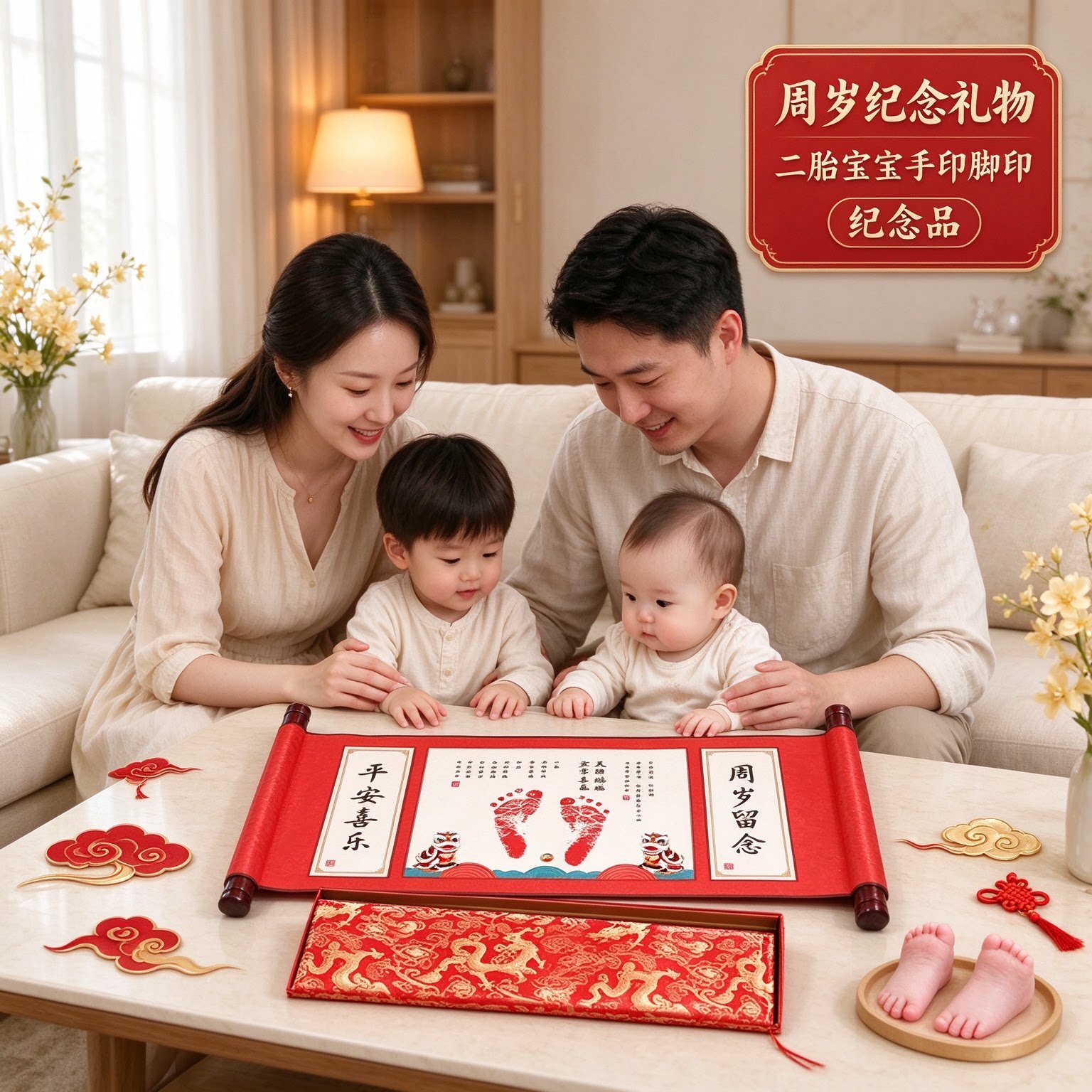 周岁纪念礼物二胎宝宝手印脚印纪念品茁壮成长年年如意温馨留念