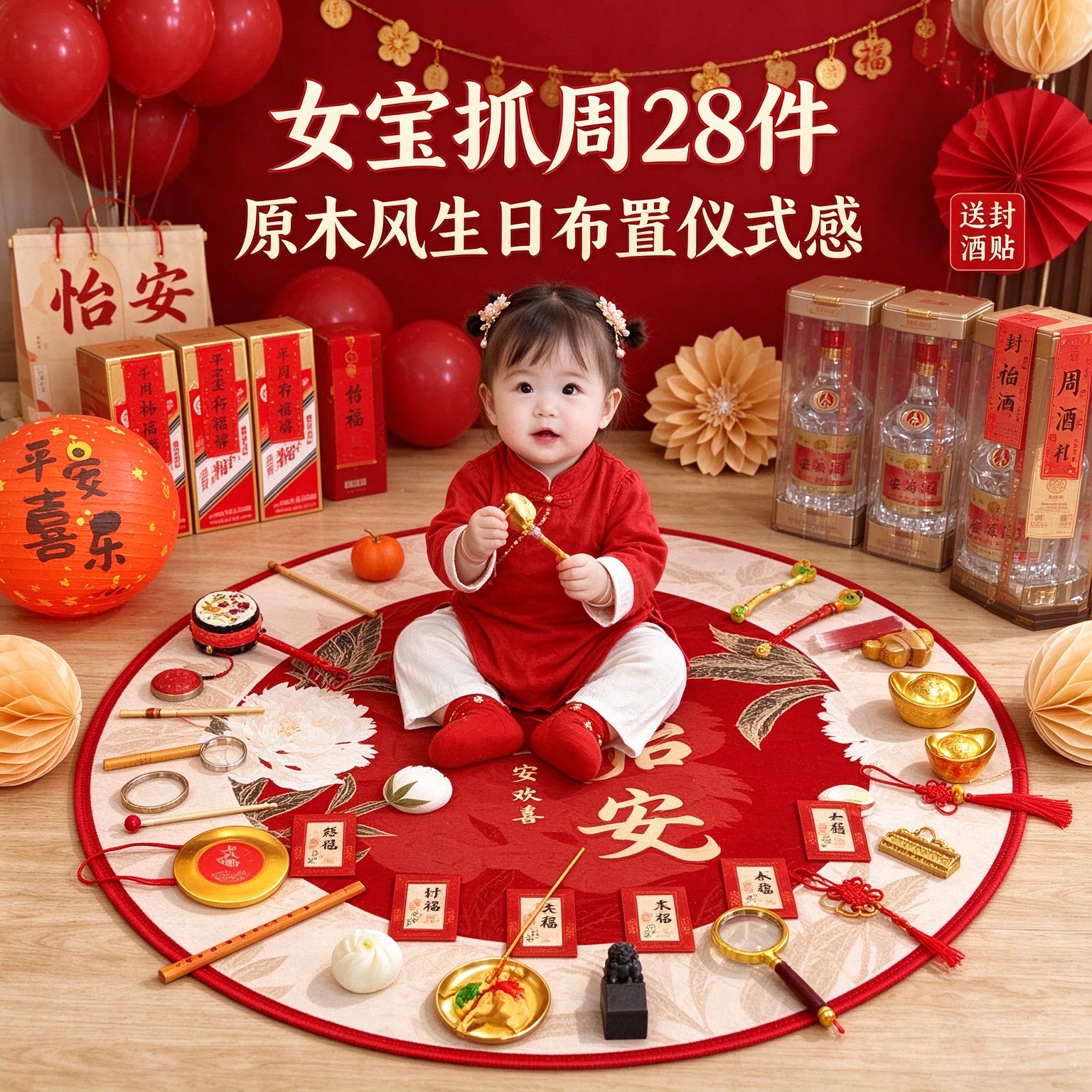 婴儿抓周道具女宝28件套原木风送封酒贴一周岁生日布置仪式用品