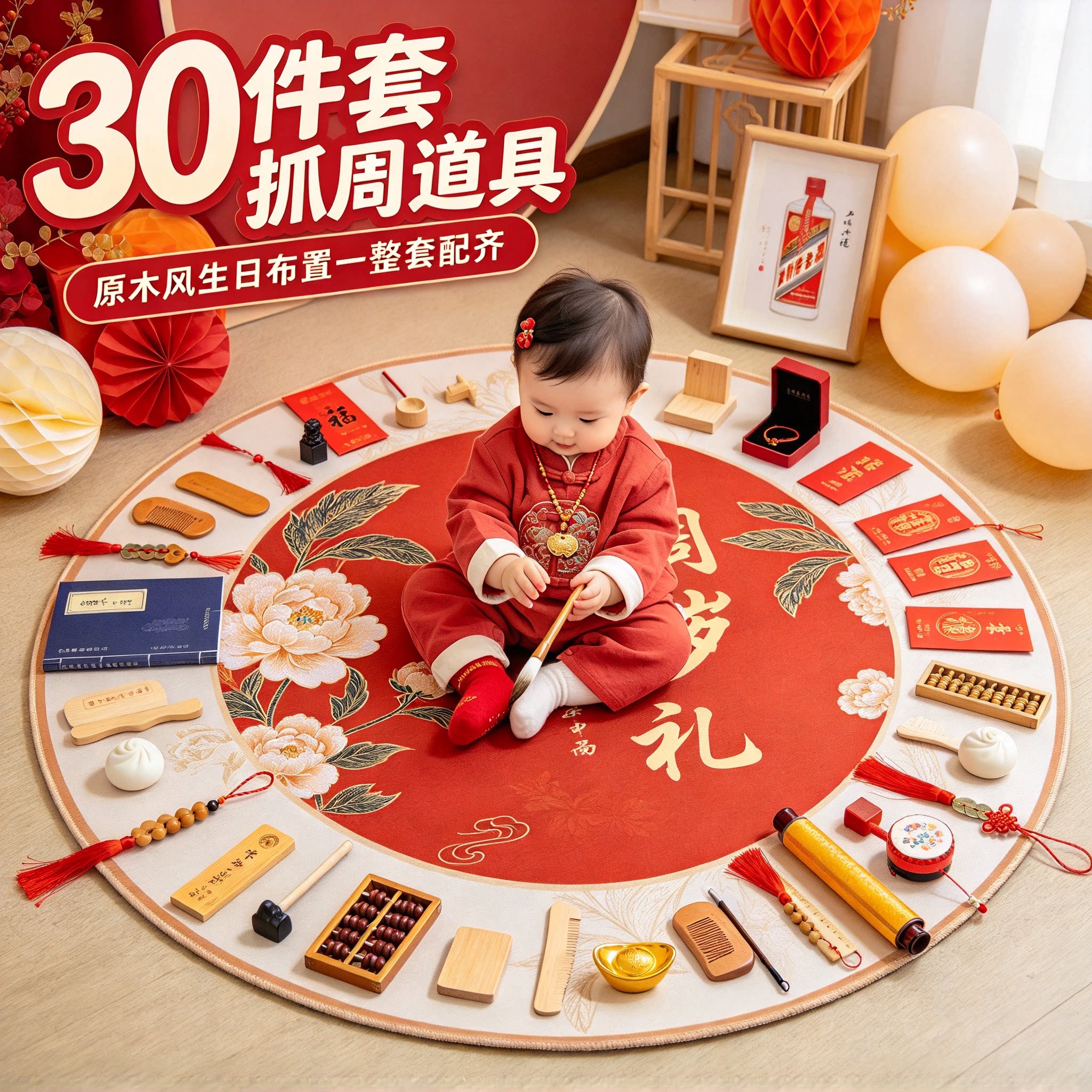 一周岁抓周用品道具男女孩30件套原木风送封酒贴生日布置一整套