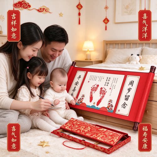 新生儿礼物脚印纪念加长款纪念卷轴画吉祥如意喜气洋洋福寿安康